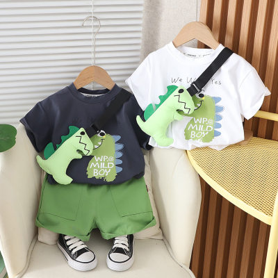 Summer 2024 new children's clothing Korean version boys and girls dinosaur bag short-sleeved two-piece children's suit summer clothing