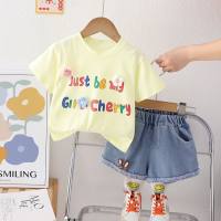Girls summer short-sleeved suit baby 2024 new style denim short-sleeved thin children's suit handsome two-piece suit  Yellow
