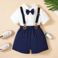 Children's short-sleeved shirt suit overalls boy summer flower girl baby first birthday dress gentleman two-piece set  Blue