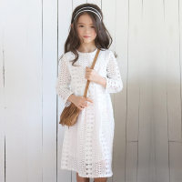 فستان بناتي 2023 ربيعي على الطراز الكوري متوسط وكبير للأطفال فستان دانتيل عصري بأكمام طويلة فستان الأميرة للأطفال متوسط الطول  أبيض