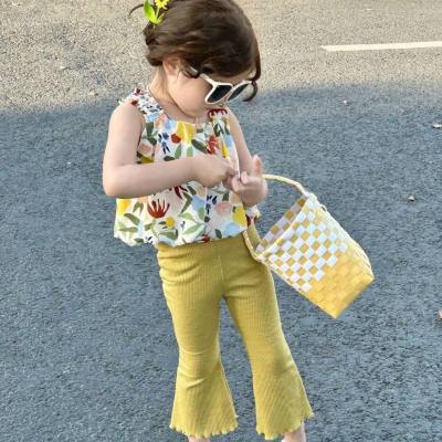 Girls Summer Clothes Korean Style Floral Camisole Set 2024 Baby Girl Fashionable Small Vest Flare Pants Two-piece Set Trendy