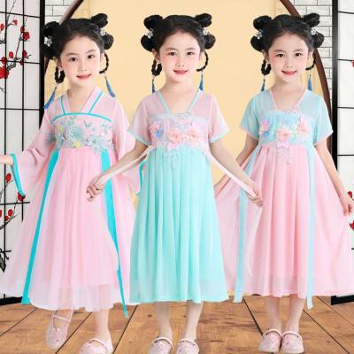 Verão novo estilo meninas hanfu vestido menina estudante fino estilo antigo vestido saia estilo chinês princesa saia de fadas
