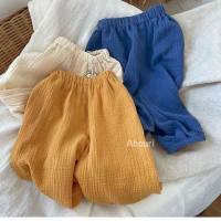 Bubble cotton children's retro solid color summer sunscreen versatile anti-mosquito pants boys and girls summer mid-high waist breathable beach pants  Yellow