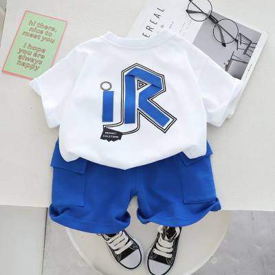 Summer new boys' round neck short-sleeved suit, baby boy's handsome and fashionable two-piece suit hits the street children's clothing trend