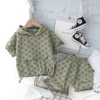 New summer boys clothes hooded short-sleeved two-piece summer shorts children's suit  Green