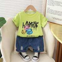 One-piece children's T-shirt children's baby casual jeans suit 0-5 children's clothing boys short-sleeved summer two-piece set  Green