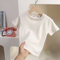Summer children's round fashionable collar knitted T-shirt girls solid color breathable hollow western style top casual thin style  White