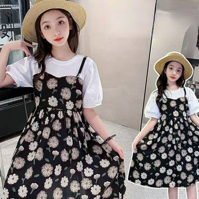 Girls' Summer Thin Fake Two-piece Dress Older Children's Fashionable and Sweet Pastoral Style Floral Skirt