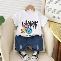 Camiseta de una pieza para niños, traje informal de jeans para bebés de 0 a 5 años, ropa para niños, conjunto de dos piezas de verano de manga corta  Blanco