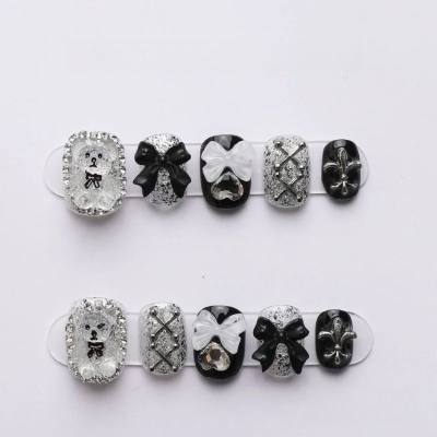 Transparent lace bear dark loli hand-made wearable nail patch finished product detachable small fragrance style bow heavy industry