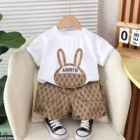 2024 summer new style boys and girls full print bunny short-sleeved children's clothing two-piece children's suit infant summer clothing trend  White