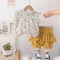 Baby girl casual fashion two-piece summer new girl full-print floral stand-collar short-sleeved suit  Yellow