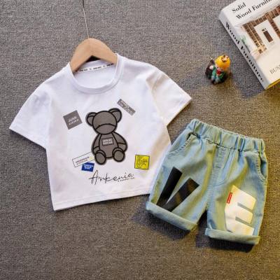Children's suit boy round neck fashion trendy bear print short-sleeved T-shirt casual denim shorts summer two-piece set