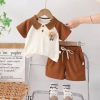 Infant and toddler boy lapel POLO shirt short-sleeved summer new 0-4 year old boy casual T-shirt two-piece set 2024  Brown