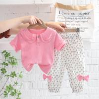 Girls short-sleeved suits new style baby girl summer clothes lapel two-piece suits fashionable children children summer trend  Pink