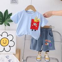 Summer new fashion three-dimensional French fries pocket short-sleeved suit for children and middle-aged children, fashionable and cute short-sleeved suit for boys  Blue