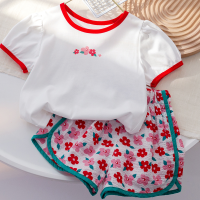 Girls summer fresh floral suit children's Korean style short-sleeved T-shirt fashionable shorts baby two-piece suit  Red