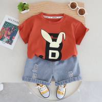 Boys summer short-sleeved suits new style denim shorts thin children's suits handsome two-piece suits  Red