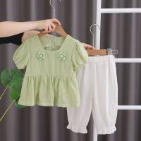 بدلة غربية للبنات صيف 2024 ملابس صيفية جديدة للمشاهير على الإنترنت ملابس صيفية للبنات ملابس أطفال عصرية بأكمام قصيرة  أخضر