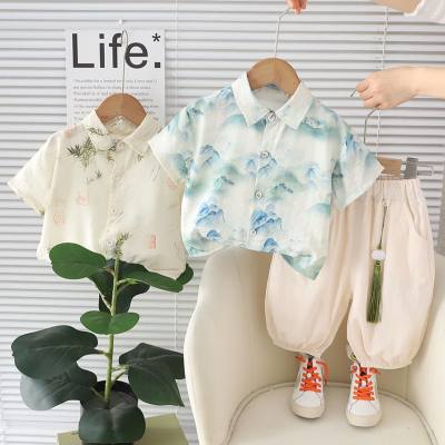 Boys' new Chinese style short-sleeved suit 2024 new boys' national style shirt and pants two-piece suit 1-5 years old boys' clothing