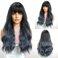 Wig for women with long hair and big waves, air bangs and gradient blue full head cover, matte high temperature wire  Style 6