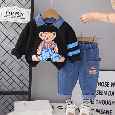 Top e pantaloni autunnali con stampa di orsi da cowboy casual da bambino in 3 pezzi con colletto e decollo