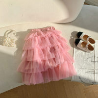 Girls mesh multi-layer skirt light luxury pleated cake skirt long skirt children's long puffy skirt skirt autumn and winter  Pink