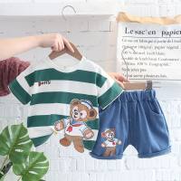 2022 new summer male and female children's baby short-sleeved suit striped cartoon three-dimensional bear two-piece short-sleeved suit for delivery  Green