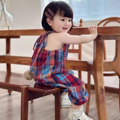 Children's baby girl net celebrity plaid jumpsuit summer children's clothing cute rabbit tail girl overalls