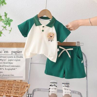 Infant and toddler boy lapel POLO shirt short-sleeved summer new 0-4 year old boy casual T-shirt two-piece set 2024