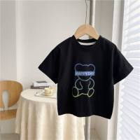 Camisetas de manga corta de algodón para niños pequeños y medianos, tops estampados de media manga de estilo coreano de verano para niños de moda  Negro