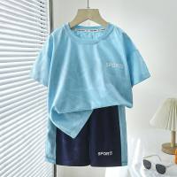 Children's summer quick-drying suit for boys and girls breathable mesh sports jersey stretch thin short-sleeved shorts  Blue