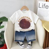 Summer new model for small and medium-sized boys and girls, moon-lettered round neck short-sleeved suit, trendy summer style short-sleeved suit  White