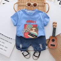 Infant and baby children's clothing wholesale 2024 summer new short-sleeved suit boys cartoon printed casual T-shirt  Blue