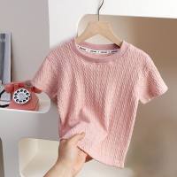 Summer children's round fashionable collar knitted T-shirt girls solid color breathable hollow western style top casual thin style  Pink