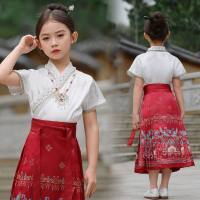 تنورة للأطفال على شكل وجه حصان للفتيات على الطراز الصيني بدلة تانغ من سلالة مينغ ملابس أداء للأطفال صيفية على الطراز القديم بدلة هانفو رفيعة  أحمر