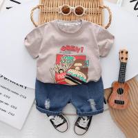 Infant and baby children's clothing wholesale 2024 summer new short-sleeved suit boys cartoon printed casual T-shirt  Khaki