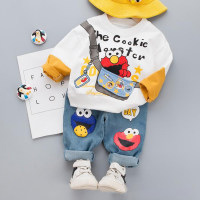 2-Piece Toddler Boy Sesame Street Splicing Casual Long Sleeves Top & Jeans  White