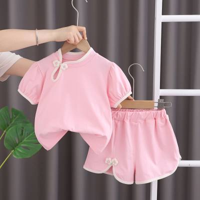 Girls Summer Suit New Style Western Style Children Baby Summer Style Children's Plate Button Tang Suit Short Sleeve Suit