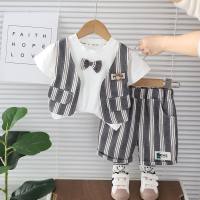 Summer new boys vest round neck short-sleeved suit baby boy one-year-old dress bow tie vest two-piece suit  Gray