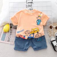 Small and medium-sized children's summer new children's clothing wholesale Korean style car short-sleeved soft denim shorts two-piece set  Pink