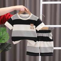 2023 children's clothing summer boys short-sleeved striped bear t-shirt Korean style trendy Japanese children's clothing  Black