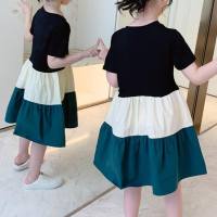 Summer girls dress 2024 new patchwork skirt for middle and large children summer dress trendy fairy short-sleeved princess skirt trend  Green