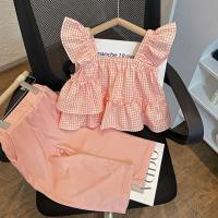 2024 Korean new style girl suit summer children's clothing stylish sleeveless square collar baby shirt trousers two-piece suit  Pink