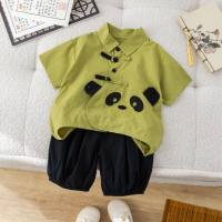 2024 Summer Ancient Style Short Sleeve Panda Children's Clothing Two-piece Summer Clothing Shorts Children's Suit Delivery  Green