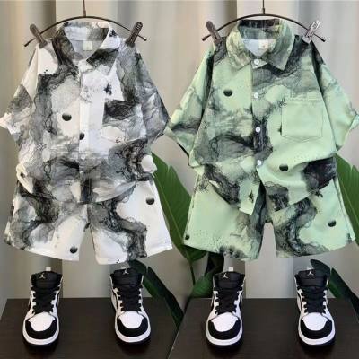 Children's short-sleeved suit new style cardigan tie-dye scumbag style short-sleeved shorts summer suit boy casual shirt