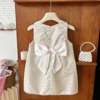 Robe de princesse d'été pour enfants, style fille, à la mode, avec nœud, sans manches, gilet, nouvelle collection 2024  Beige
