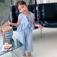 Girls suit plaid fashion version personalized top extra long 2024 summer new style  Blue
