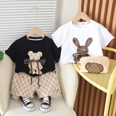 2024 new summer Korean children's clothing bear and rabbit boys and girls short-sleeved two-piece summer children's suit
