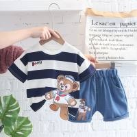 2022 new summer male and female children's baby short-sleeved suit striped cartoon three-dimensional bear two-piece short-sleeved suit for delivery  Navy Blue